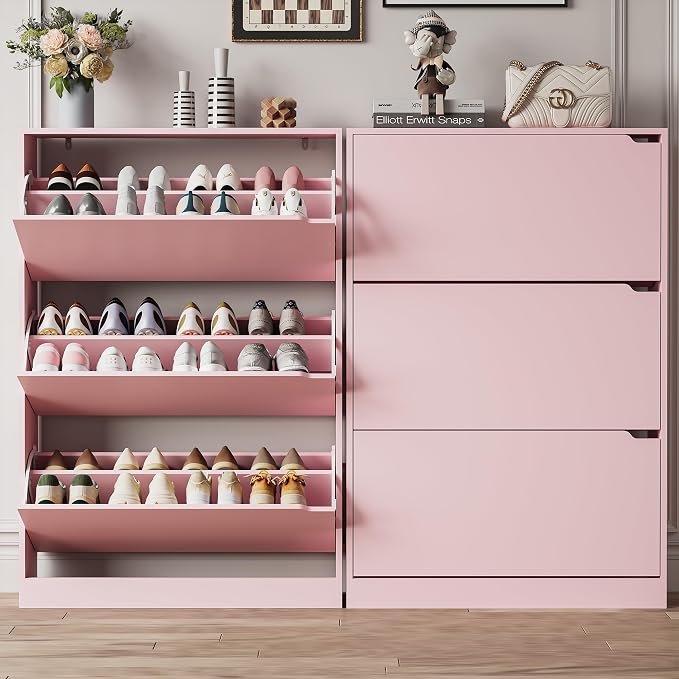 Xixini Shoe Storage Cabinet for Entryway with 3 Flip Drawers, Sturdy Wood Hidden Shoe Storage, Freestanding Narrow Slim Shoe Organizer for Front Door Entrance, Living Room, Hallway, Bedroom, Pink