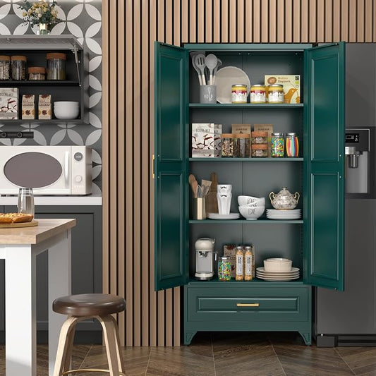 SteeLoong 75" Kitchen Pantry Cabinet with Drawer, Metal Storage Cabinets with Doors and 3 Adjustable Shelves,Green Kitchen Cabinet with 2 Gold Handles,Food Cupboard for Livingroom,Pantry, Bathroom