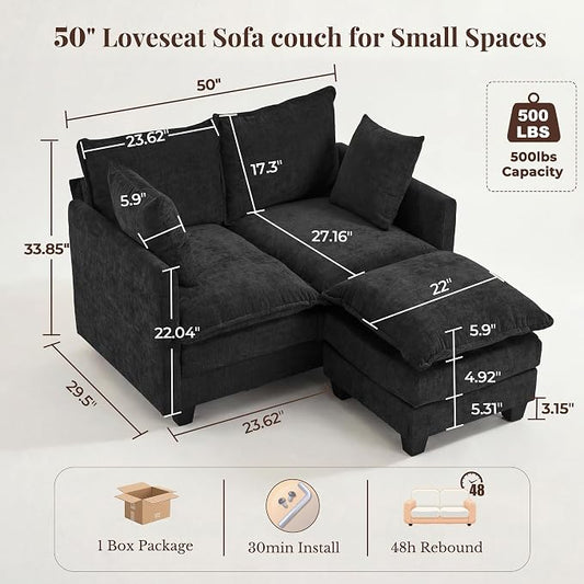 Loveseat Sofa with Ottoman, Cloud 3-Layer Cushion, 27" Deep Seat Love Seat Small Couch with 2 Pillows for Small Spaces, Bedroom, Apartment, Office, Living Room, in a Box, 50-Inch Black