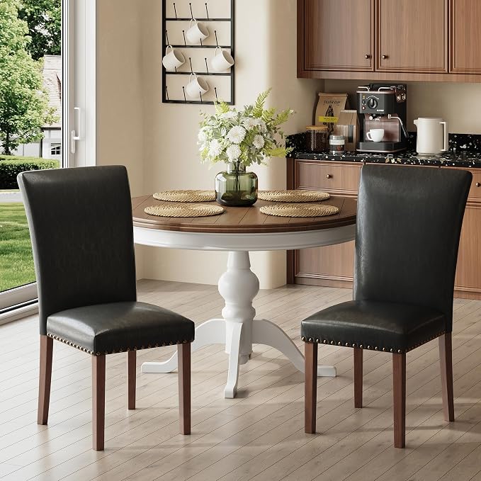COLAMY Parsons Dining Chairs Set of 6, PU Leather Dining Room Kitchen Side Chair with Nailhead Trim and Wood Legs - Black