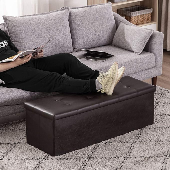 YOUDENOVA Folding Storage Ottoman, Faux Leather Ottoman Bench Footrest Ottoman, Storage Chest Padded Seat for Bedroom and Living Room, Brown, 15" D x 43" W x 15" H