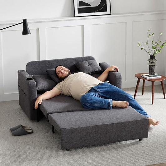 Krcix 3 in 1 Sofa Bed, 56 Inch Convertible Pull Out Couch, Loveseat Sleeper Sofa with Cup Holders, USB, Side Pockets, Multi-Function Couch Bed for Living Room, Apartment, Charcoal Grey
