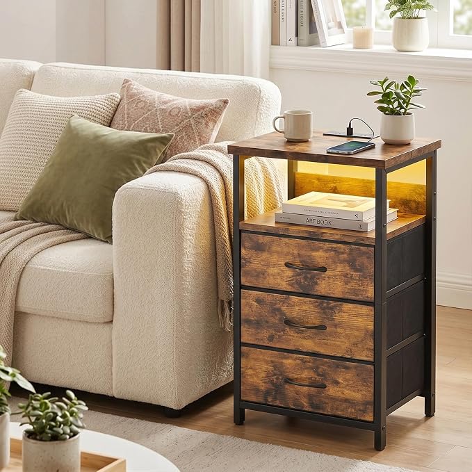 Fixwal Night Stand with Charging Station, LED Nightstand with Fabric Drawers, End Table with PU Finish, Bed Side Table, Rustic Brown
