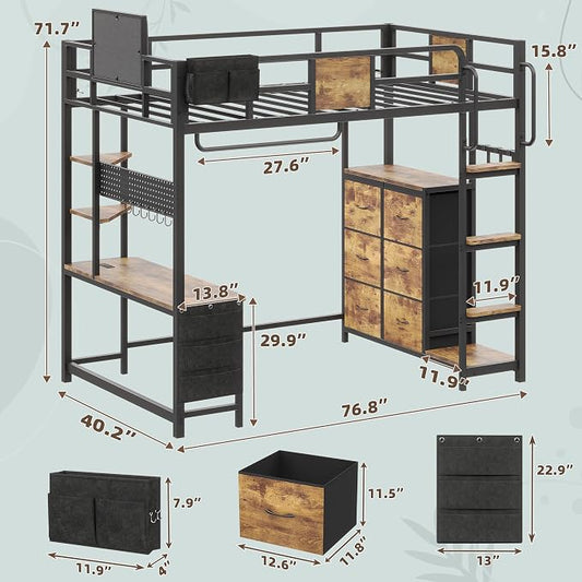 Dnxao Twin Loft Bed with Desk, Twin Bed Frame with 6 Storage Drawers, 2 Bedside Organizer,3 Movable Hooks,LED Lights & Charging Station,Bunk Bed with Desk, Clothes Rack,Safety Guardrail,Rustic Brown
