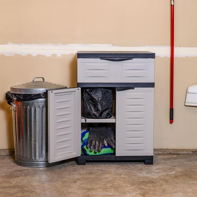 Sunnydaze 34.5" H Resin Garage Storage Cabinet - Garage Cabinet with Adjustable Shelf - Freestanding Utility Storage for Laundry Room, Office, Basement - Gray