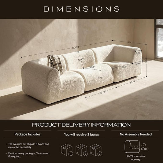 110" 3-Seater Modular Sectional Sofa, Sherpa Cloud Couch with Deep Seat Comfort, Boneless Curved Sofas with High-Density Foam Strong Support, Modern Cozy Sofa for Living Room – No Assembly, White