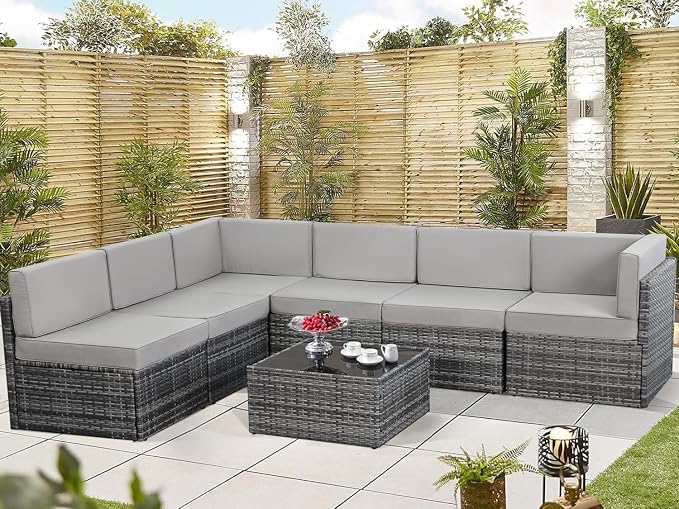 U-MAX 7 Piece Outdoor Patio Furniture Set, PE Rattan Outdoor Wicker Sectional Furniture Chair Set with Cushions and Tea Table, Grey Rattan and Grey Cushion