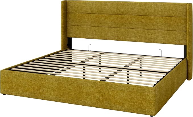 Allewie King Size Lift Up Storage Bed, Modern Wingback Headboard, Hydraulic Support, No Box Spring Needed, Olive Yellow