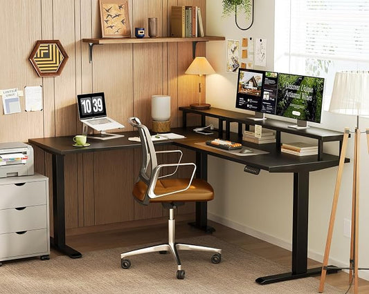 AODK Electric L Shaped Standing Desk with Monitor Stand, 59 Inch Height Adjustable Corner Desk with Power Outlets, Large Sit Stand Table, Reversible Computer Desk for Home, Office, Black