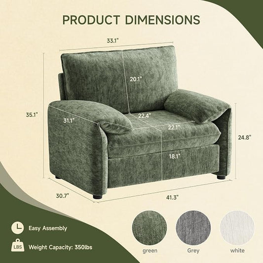 ONBRILL Oversized Accent Chair, 41 Inch Chenille Fabric Armchair, Comfy Single Sofa Chair with Padded Arms, Pocket Spring Cushion, Modern Reading Chair for Living Room, Bedroom, Green