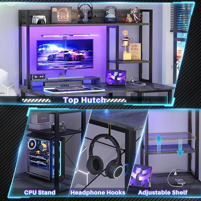 Cyclysio Gaming Desk with Hutch, 39'' Computer Desk with LED Lights & Power Outlets, Home Office Desk with Reversible 5 Tiers Storage Shelves & Monitor Stand, Small Gaming Table for Small Space, Grey