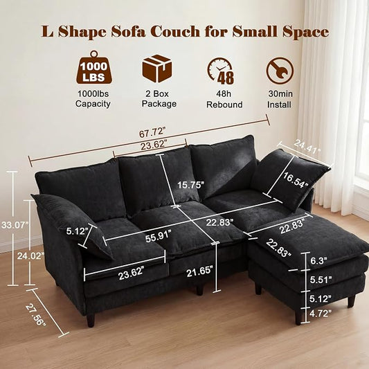 3 Seater L-Shape Couch Sofa with Ottoman, 69" Small Couch Modern Comfy Cloud Chenille Sofa 23" Deep with Washable Pillow Cover Couches for Living Room Bedroom Apartment Office 69-Black-L
