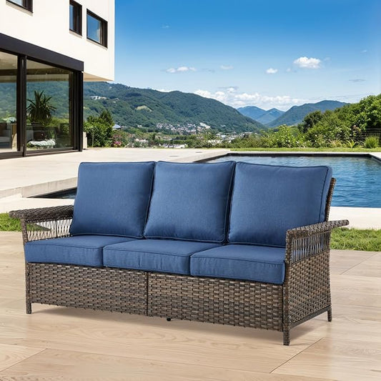 Patio Sofa 3-Seat Wicker Couch Brown PE Rattan Sofa with Deep Seating High Back Outdoor Sofa for Patio Garden Balcony Sunroom Backyard Deck Porch Poolside, Sofa(1PC), Brown|Blue