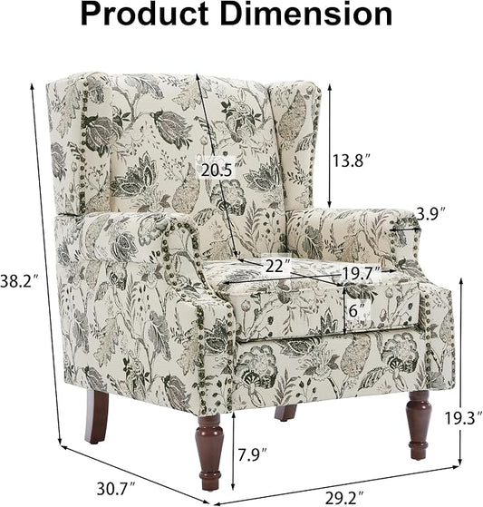 Pia Ricco Set of 2 Floral Accent Chairs, High Back Upholstered Armchairs with Retro Wingback Design, Nailhead Trim & Solid Wood Legs for Living Room Bedroom(Plants Beige)