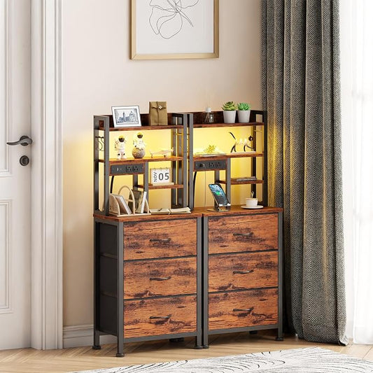 Furnulem Tall Night Stand with LED & USB Ports, 45.3inch Nightstand with Open Bookshelf, Bedside Table with 3 Fabric Drawers for Bedroom/Dorm/Office, Rustic Brown Wood-Metal Frame