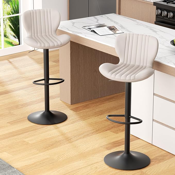 JAMFLY Bar Stools Set of 2, Leather Adjustable Barstools Counter Height Modern Bar Stools, Island Chairs Set of 2 for Kitchen, Beige