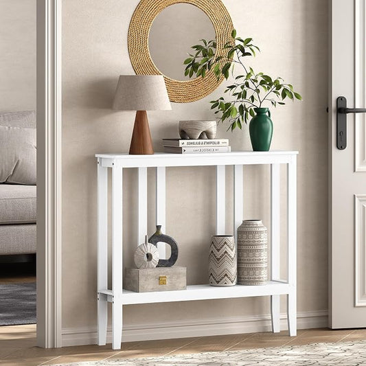 ELYKEN Bamboo 2-Tier Narrow Console Table, 36.2" Long Slim Sofa Table Behind Couch for Entryway, Hallway, Living Room, White