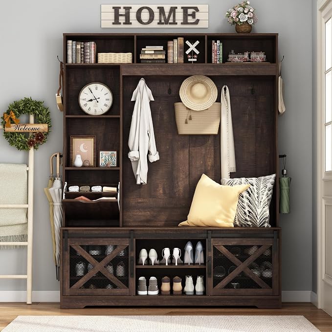 75''H 59''W Large LED Farmhouse Hall Tree with Bench and Shoe Storage,Entryway Bench with Coat Rack,16 Shoe Cubbies & Umbrella Holder and Sock Storage Drawer,Mudroom/Hallway Storages Cabinet(Brown)