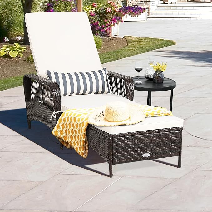 COSTWAY PE Rattan Chaise Lounge Chair, 6 Gear Adjustable Recliner with Armrest & Pillow, Wicker Outdoor Furniture for Deck, Patio (2, Brown)