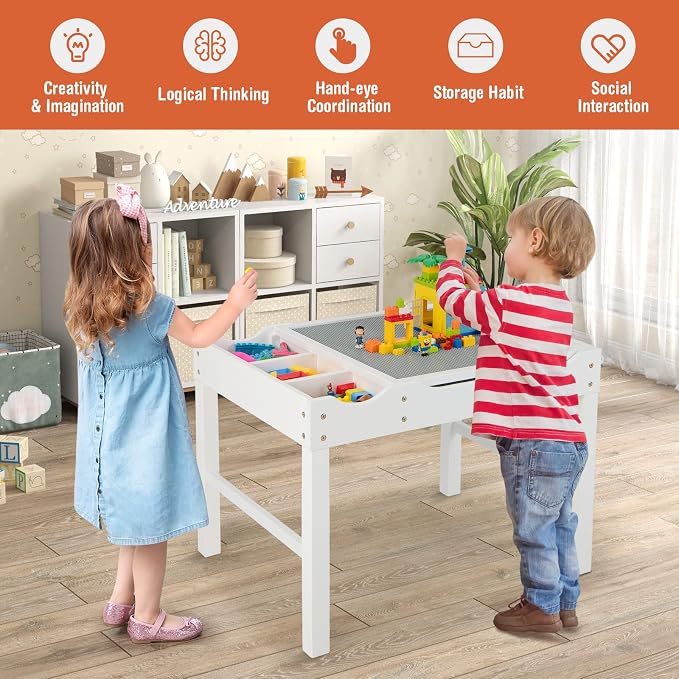 Costzon Kids Table, 3 in 1 Wood Building Block Desk w/Storage, Paper Roll, Reversible Tabletop for Toddler Arts, Crafts, Drawing, Reading, Playing, Gift for Boys Girls, Activity Table (White)
