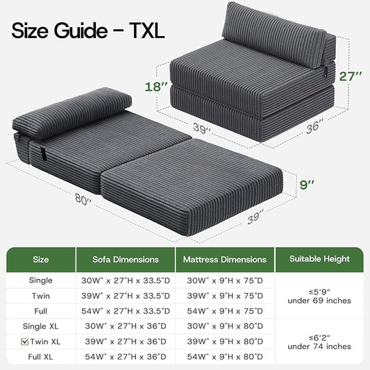 Convertible 4-in-1 Folding Sofa Bed Boneless Sleeper Chair Couch Foldable Chaise Lounger & Mattress Pocket Coils+Foam Medium Support, Portable No Assembly for Living Room/Bedroom, Twin XL