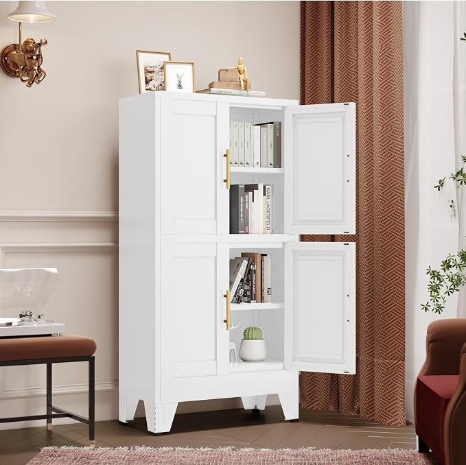 GAIOUS 47.25" Metal Pantry Cabinet, Storage Cabinets with 4 Door and 2 Adjustable Shelves, White Bathroom Cabinet, Freestanding Cupboard for Kitchen Dining Living Room Bathroom