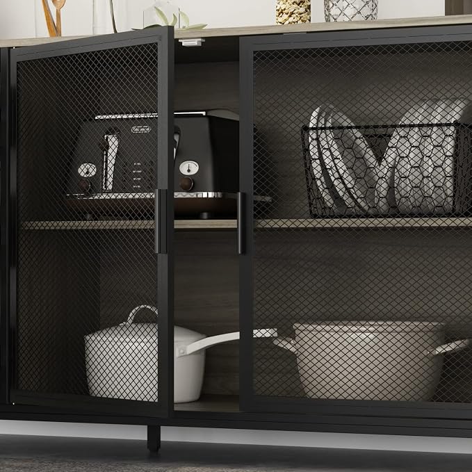 AIEGLE Large Kitchen Hutch Storage Cabinet, Pantry Cabinets with Hutch, Metal Frame Cupboard with Mesh Door, Drawer & Microwave Shelf, Freestanding Kitchen Storage, Rustic (59" W x 15.7" D x 68.5" H)