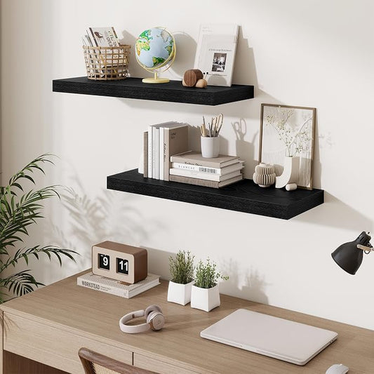 Fun Memories Floating Shelves for Wall, 30 Inch Long Floating Shelves Set of 3, 30 x 10 Wooden Shelves for Wall, Large Storage Shelves, Hanging Shelves for Bathroom Kitchen Bedroom, Black