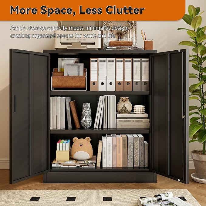 BESFUR Metal Storage Cabinet, Garage Storage Cabinet with 2 Adjustable Shelves, Locking Short Storage Cabinet for Office Garage Home, Black Metal Cabinets (36" H x 31.5" W x 16" D)