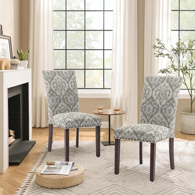 Parsons Dining Chairs Set of 4, Upholstered Nailhead Dining Room Kitchen Side Chair with Thick Cushions and Wood Legs, White/Grey