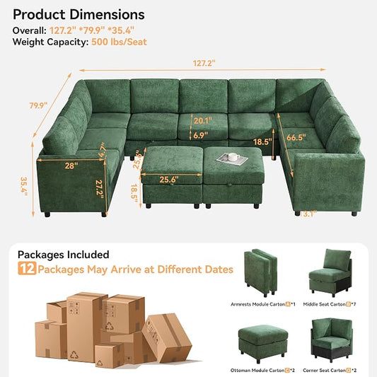 127'' Oversized U Shaped Modular Sofa, Sectional Couches with Storage for Living Room, Modern 9 Seater Cloud Sectional Couch with Movable Ottoman, Chenille Dark Green