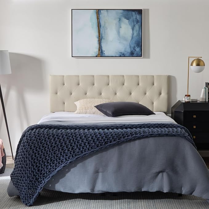 Lucid Mid-Rise Upholstered Headboard - Diamond Tufted - Padded Polyester - Adjustable Height from 34” to 46” - Easy Assembly - Bed Frame or Wall Mount - Sturdy - Pearl - Queen Size