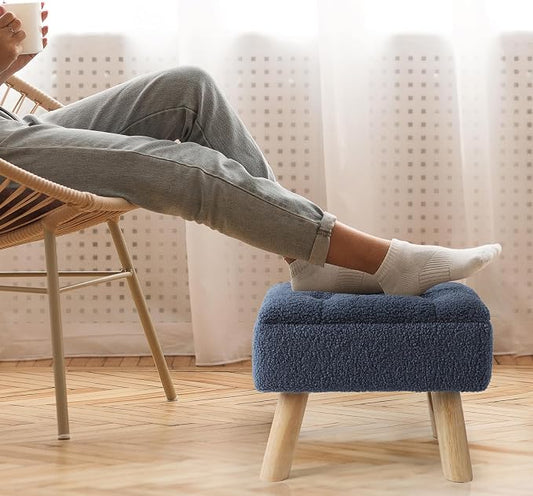 OGEMXU Storage Ottoman, Small Foot Stool Ottoman with Storage, Boucle Teddy Velvet Foot Rest with Padded Seat, Sturdy Wood Legs Stool for Living Room, Bedroom, Couch, Enterway (Dark Blue)