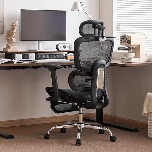 Office Chair with Footrest, Ergonomic Chair with 3D Headrest, Computer Chair with Adjustable Backrest & 3D Armrest, Gaming Chair with Adaptive Lumbar Support, Mesh Backrest & Cushion, Black