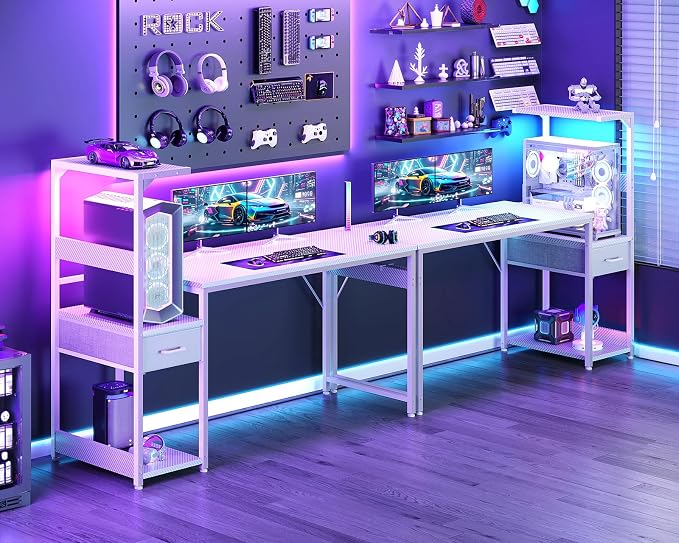 Casaottima 54'' Gaming Desk with LED Lights & CPU Stand, Reversible Computer Desk with Storage Shelves & Fabric Drawer, Modern PC Gamer Table with Headphone Hook, Carbon Fiber White
