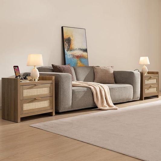 SICOTAS Bed Night Stand Set of 2 - Rattan Nightstands with Type-C Charging Station, 2 Storage Drawers - Boho Bedside Tables End Table for Small Space - Natural Oak