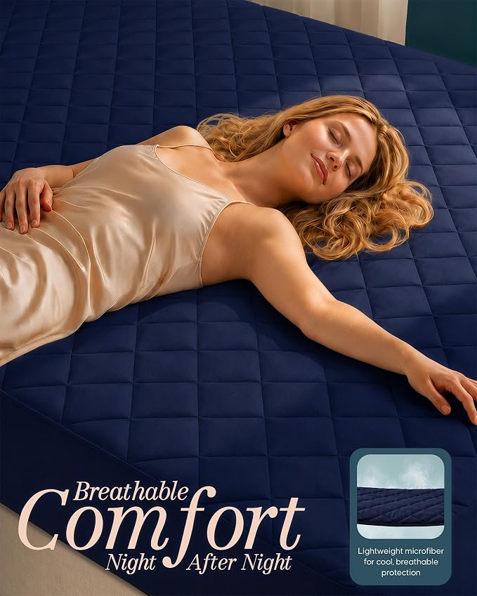 Quilted Fitted Mattress Pad, Full Mattress Protector Topper with Deep Pocket Stretches up to 16 Inches, Machine Washable Mattress Cover by Utopia Bedding (Navy)