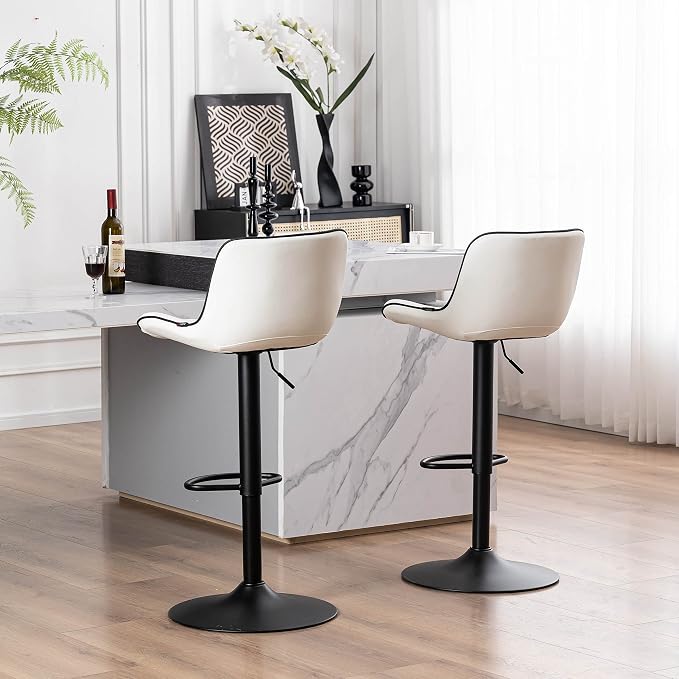 YOUTASTE Bar Stools Set of 2, Adjustable Swivel Counter Height Barstools with Back, White Faux Leather Upholstered Bar Chairs with Black Metal Base, Stools for Kitchen Island or Home Bar