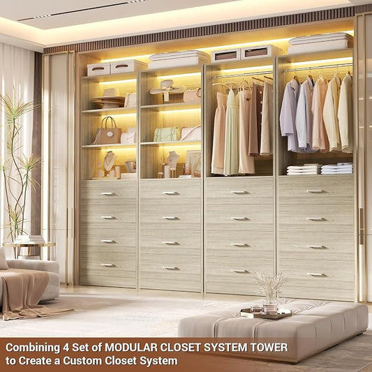 Aheaplus Wood Closet Organizer System with 4 Drawers, Modular Walk-in Closet Storage Unit, Small Closets Wardrobe Rack, Tall Storage Cabinet Unit, White Oak