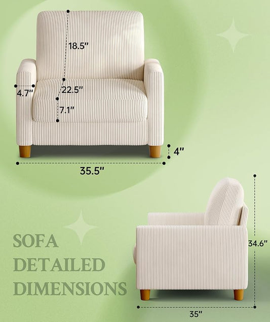 Welzona 35.3" Couches for Living Room, Comfy Beige Couch Single with 22.5" Deeper Seat, Accent Chair Tool-Free Setup, Reading Chair 440lbs Support, Corduroy Couch for Bedroom, Apartment, Office