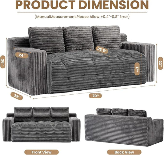 70” Boneless Couch, 3 Seater Sofa Couch with Extra Deep Seats 3 Pillows,Corduroy Modern Small Couch for Living Room, Office, Bedroom, Apartment,Grey