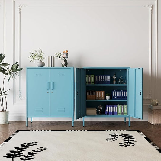 Blue 3 Tier Metal Storage Cabinet with Legs, Lockable 2 Door Metal Locker, Heavy Duty Multipurpose Accent Storage Cabinet with 2 Adjustable Shelves for Home, Office, Entryway and Hallway