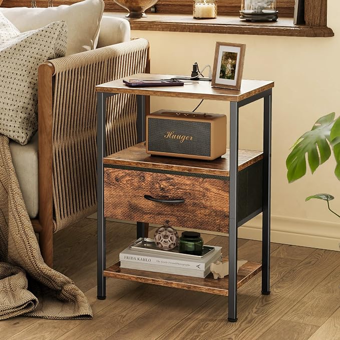SUPERJARE Nightstand with Charging Station, Bed Side Table with Adjustable Fabric Drawer, Night Stand for Bedroom, 3-Tier Storage End Table, for Living Room, Rustic Brown