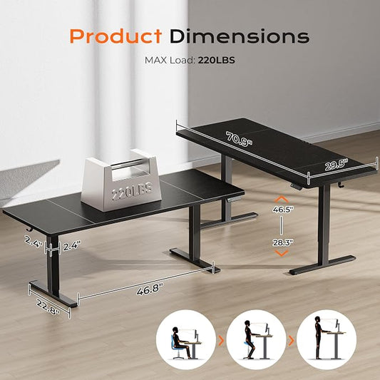 Huuger 71 x 30 Large Electric Standing Desk, Height Adjustable Computer Desk, 29.5" Deep Desktop, Stand up Gaming Office Table with 2 Hooks, 3 Preset Heights, for Home Office, Black