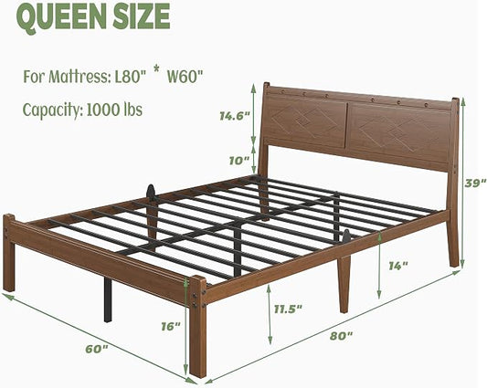 RLDVAY Queen Bamboo Platform Bed, Mid-Century 14" Queen Bed Frame, Walnut Bed Frame Queen Size with Solid Headboard/Footboard, Sturdy Metal Slats Support, No Box Spring Needed, Easy Assembly