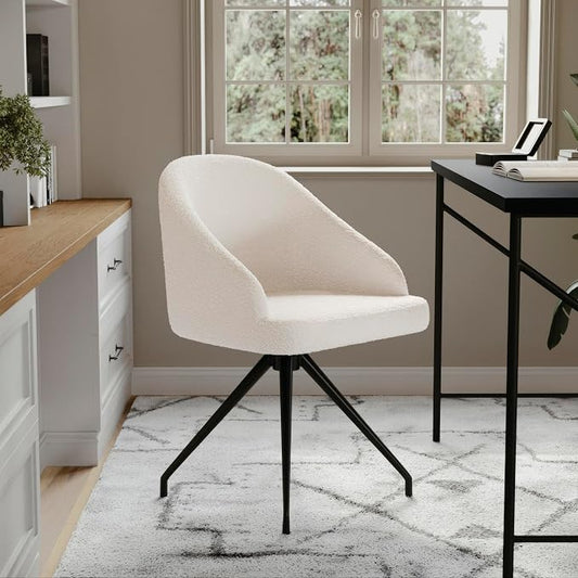 Martha Stewart Sora Stationary Swivel Task Chair with Sloped Arms for Home Office in White Boucle with Oil Rubbed Bronze Frame