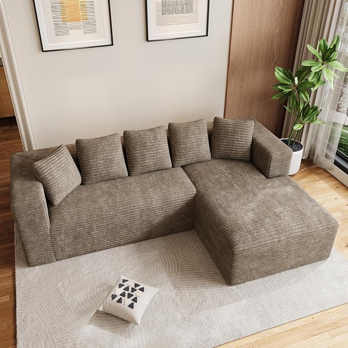 Oversized L Shaped Boneless Sectional Couches for Living Room, 107" Comfy Fluffy Cloud Modular Sectional Sofa, Plush Corduroy Memory Foam Floor Sofa with Right Facing Chaise Couch