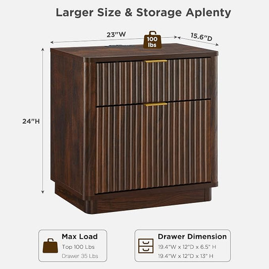 T4TREAM 23'' Fluted Nightstand with Charging Station, Large 2 Drawer Side Table, Modern End Table with Storage, Mid Century Bedside Table for Bedroom, Living Room, Curved Profile, Dark Walnut