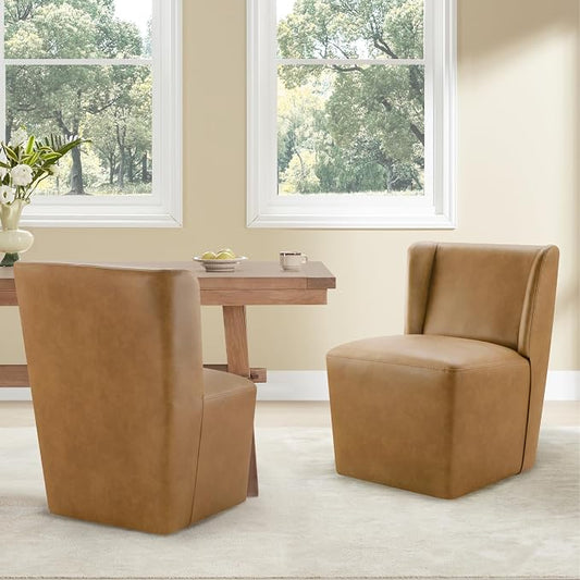 KISLOT Upholstered Dining Chairs Set of 1 with Casters, Wingback Modern Side Armless Deskchair with Rollers for Diningroom Bedroom Livingroom Reading Room, Brown Faux Leather