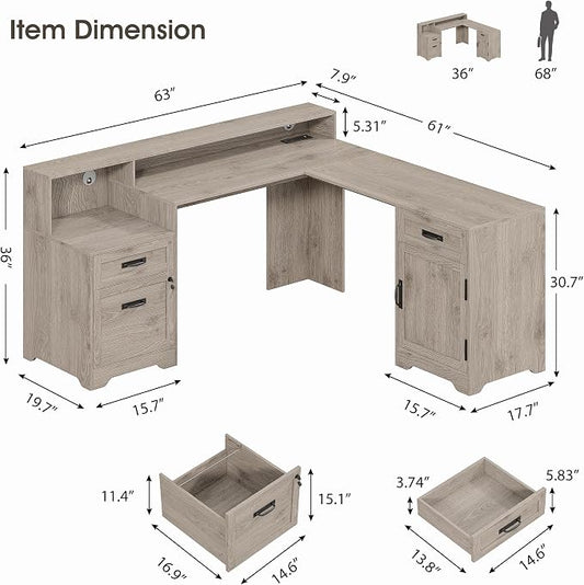 Whalefall 63'' Farmhouse L Shaped Desk with Monitor Stand Shelves, Gray | Corner Computer Desk with Drawers, Executive Home Office L Desk with File Cabinet Storage and Charging Station